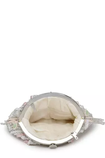 droop white & pastel multi bead work embellished faux silk clutch