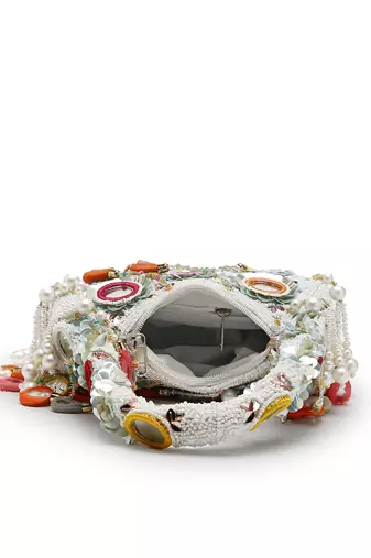 tipify white & multi mirror work embellished velvet purse