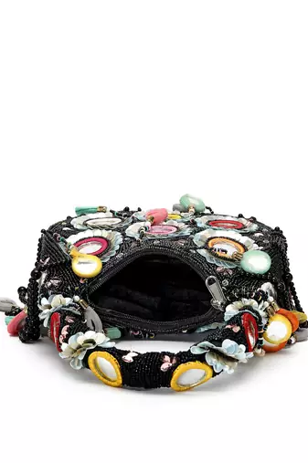 tipify black & multi mirror work embellished velvet purse