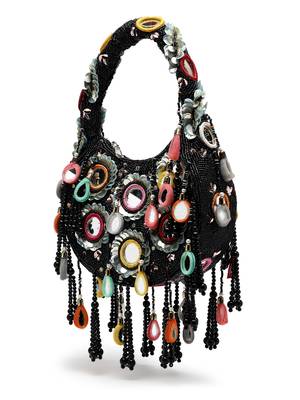 tipify black & multi mirror work embellished velvet purse 11
