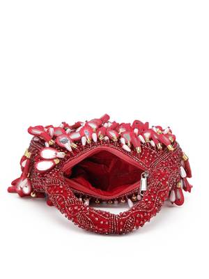 tipify maroon, gold & pearl mirror work embellished velvet purse 7