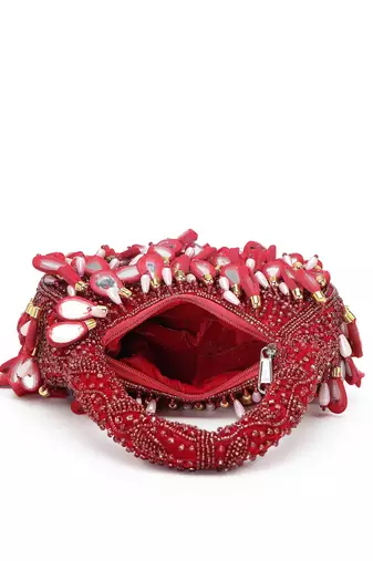 tipify maroon, gold & pearl mirror work embellished velvet purse