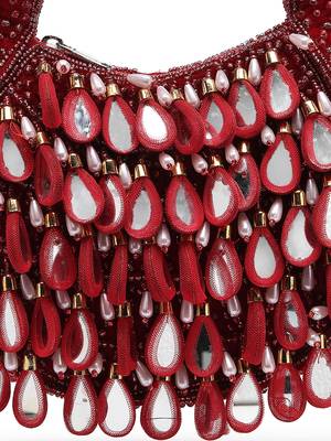 tipify maroon, gold & pearl mirror work embellished velvet purse 8
