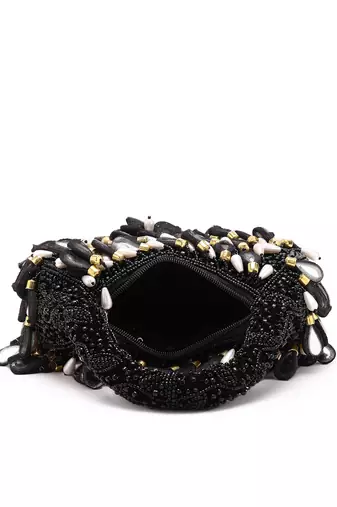 tipify black, gold & pearl mirror work embellished velvet purse