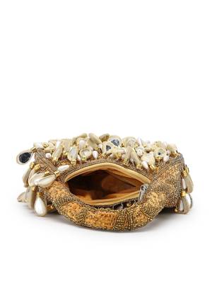 tipify camel, gold & pearl mirror work embellished velvet purse 7