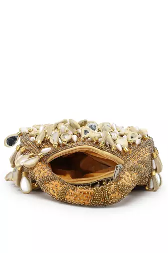 tipify camel, gold & pearl mirror work embellished velvet purse