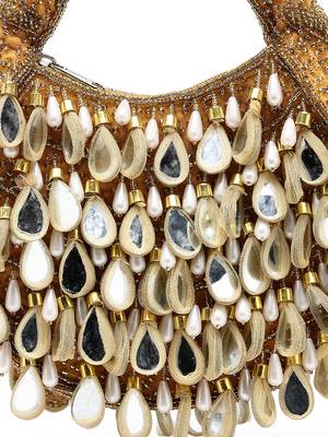 tipify camel, gold & pearl mirror work embellished velvet purse 8