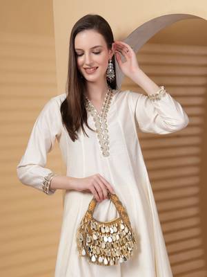 tipify camel, gold & pearl mirror work embellished velvet purse 9