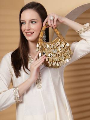 tipify camel, gold & pearl mirror work embellished velvet purse 10