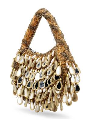 tipify camel, gold & pearl mirror work embellished velvet purse 11
