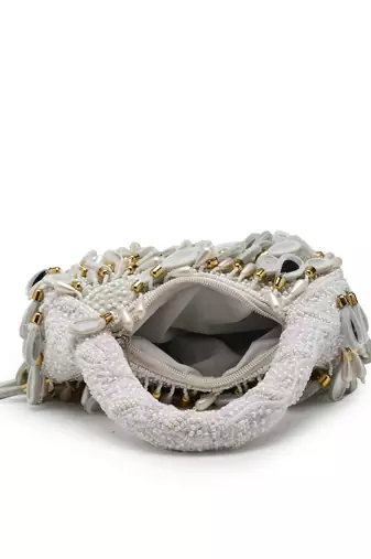 tipify white, gold & pearl mirror work embellished velvet purse