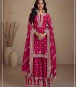 Fuscia pink silk semi stitched wedding palazzo suits