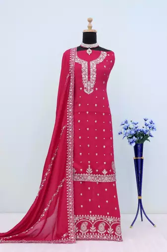 Fuscia pink silk semi stitched wedding palazzo suits