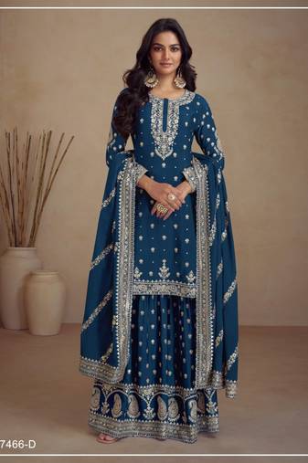 Teal silk semi stitched wedding palazzo suits
