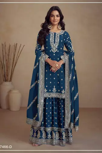 Teal silk semi stitched wedding palazzo suits