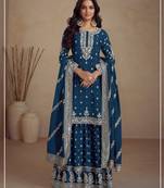 Teal silk semi stitched wedding palazzo suits