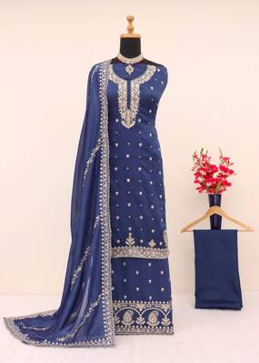 Teal silk semi stitched wedding palazzo suits 2
