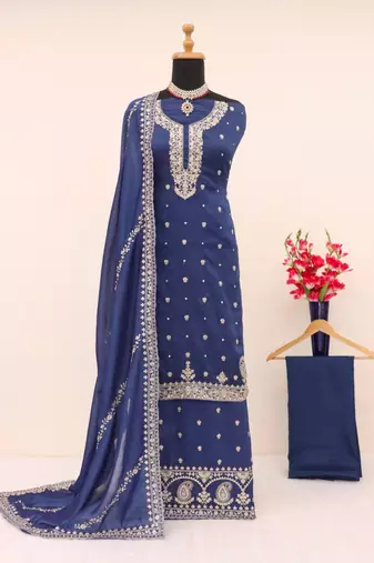 Teal silk semi stitched wedding palazzo suits