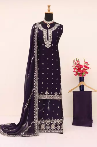 Dark purple silk semi stitched wedding palazzo suits
