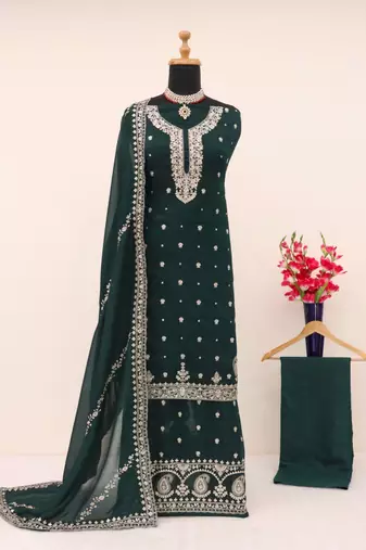 Dark green silk semi stitched wedding palazzo suits