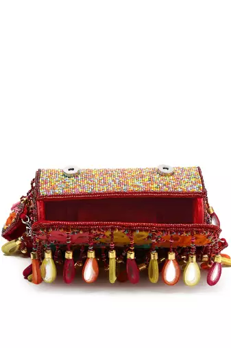 tipify maroon & multi mirror work embellished velvet clutch