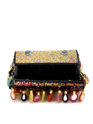 tipify black & multi mirror work embellished velvet clutch 7