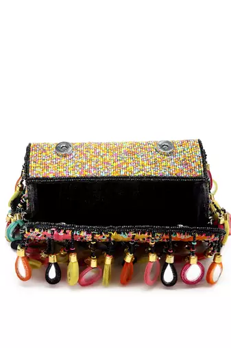 tipify black & multi mirror work embellished velvet clutch