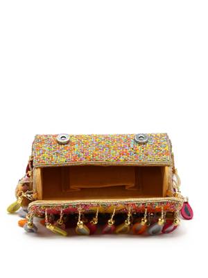 tipify camel & multi mirror work embellished velvet clutch 7
