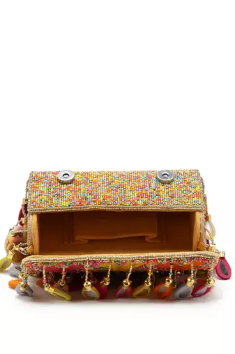 tipify camel & multi mirror work embellished velvet clutch