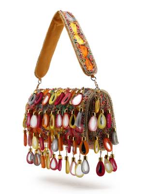 tipify camel & multi mirror work embellished velvet clutch 11