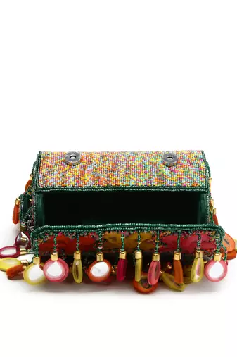 tipify emerald green & multi mirror work embellished velvet clutch