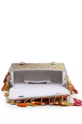 tipify white & multi mirror work embellished velvet clutch