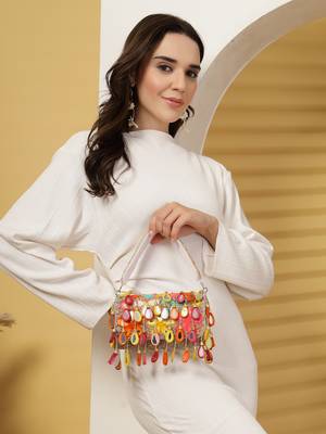 tipify white & multi mirror work embellished velvet clutch 10