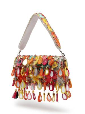 tipify white & multi mirror work embellished velvet clutch 11