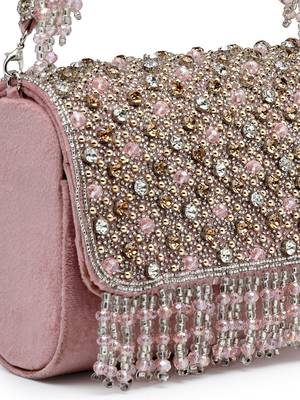 coffer mauve & metallic gold stone work embellished suede clutch 8