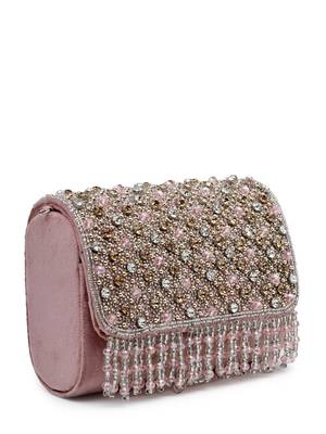 coffer mauve & metallic gold stone work embellished suede clutch 11