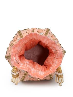 lotus pastel peach & gold floral embellished velvet potli 7