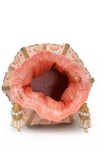 lotus pastel peach & gold floral embellished velvet potli