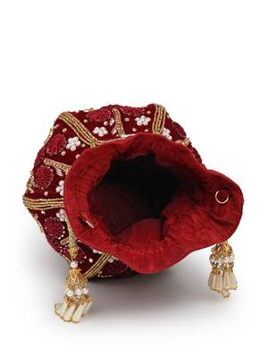 lotus dark maroon & gold floral embellished velvet potli 7