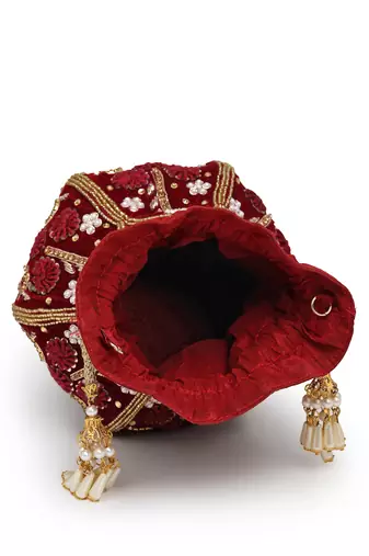 lotus dark maroon & gold floral embellished velvet potli