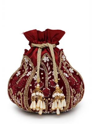 lotus dark maroon & gold floral embellished velvet potli 11