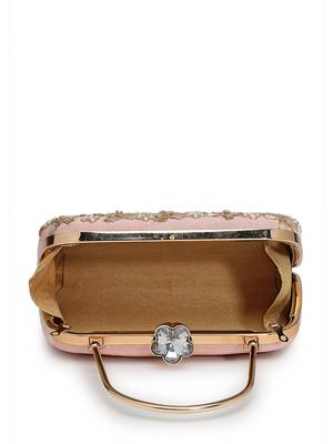 adorn salmon pink & gold floral dabka embellished faux silk clutch 7