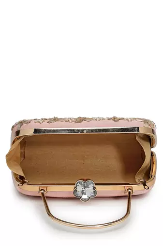 adorn salmon pink & gold floral dabka embellished faux silk clutch