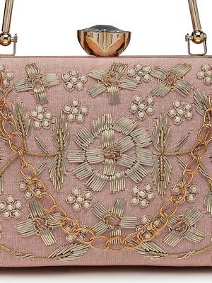 adorn salmon pink & gold floral dabka embellished faux silk clutch 8