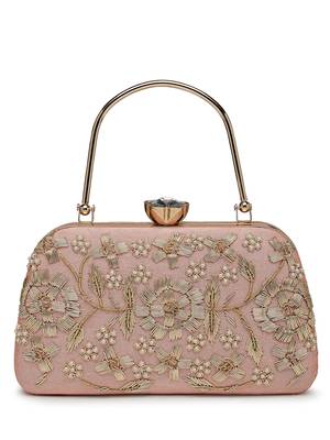 adorn salmon pink & gold floral dabka embellished faux silk clutch 11