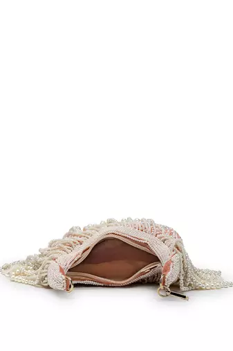 droop coral & pearl white pearl embellished velvet clutch
