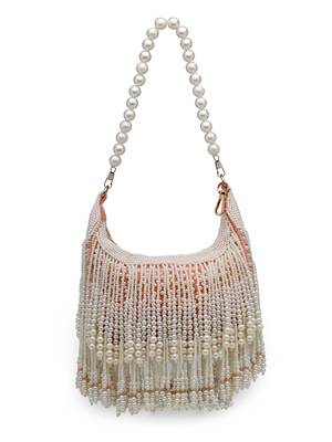droop coral & pearl white pearl embellished velvet clutch 11