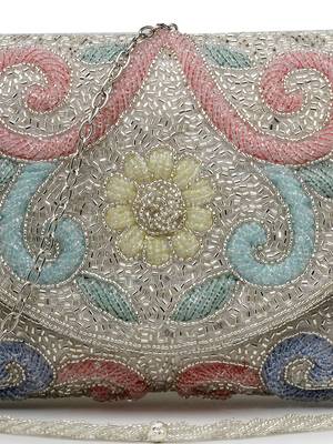 adorn silver and pastel multi floral embellished faux silk clutch 8