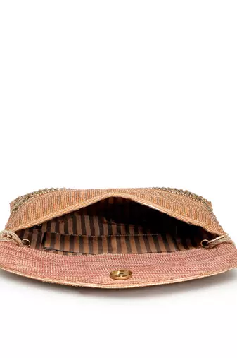 adorn coral & gold stone work embellished faux silk clutch