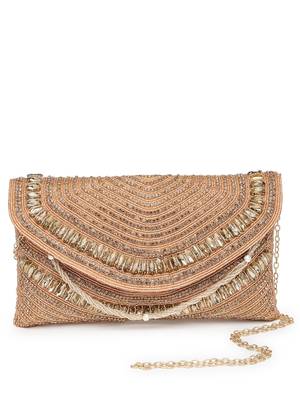 adorn coral & gold stone work embellished faux silk clutch 10